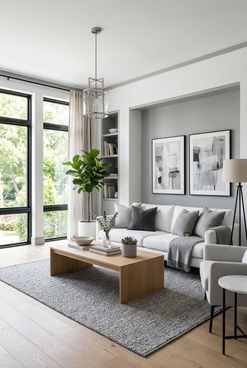 Ein Wohnzimmer mit matten weißen Wänden und zarten grauen Akzenten, ausgestattet mit Sofa, Couchtisch und Pflanzen.