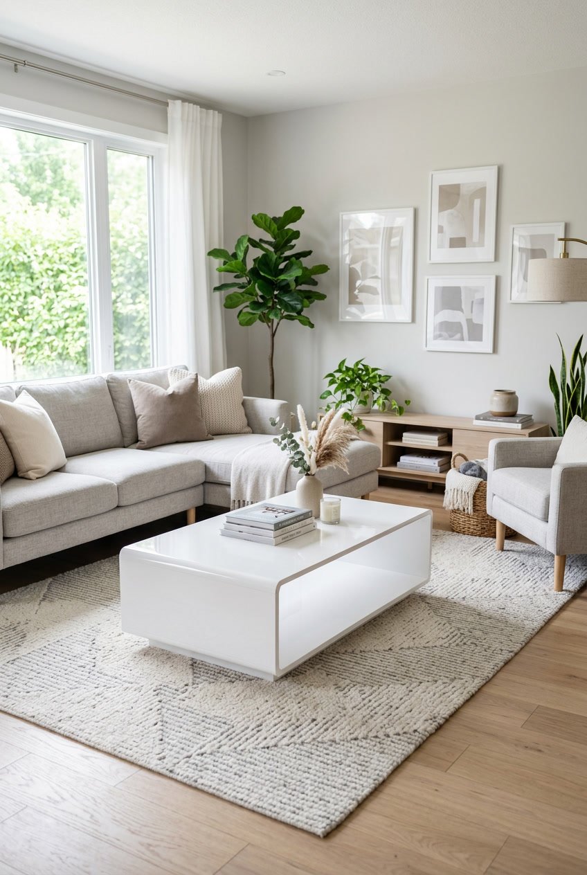 Wohnzimmer mit einem weißen Acryl-Couchtisch in der Mitte, umgeben von Sofas und Pflanzen.