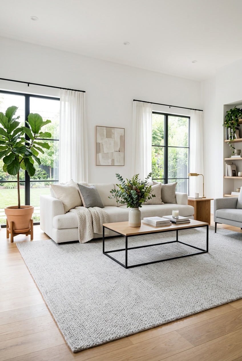 Wohnzimmer mit großem hellgrauem Teppich, Sofa, Couchtisch und Pflanzen in hellem Raum.