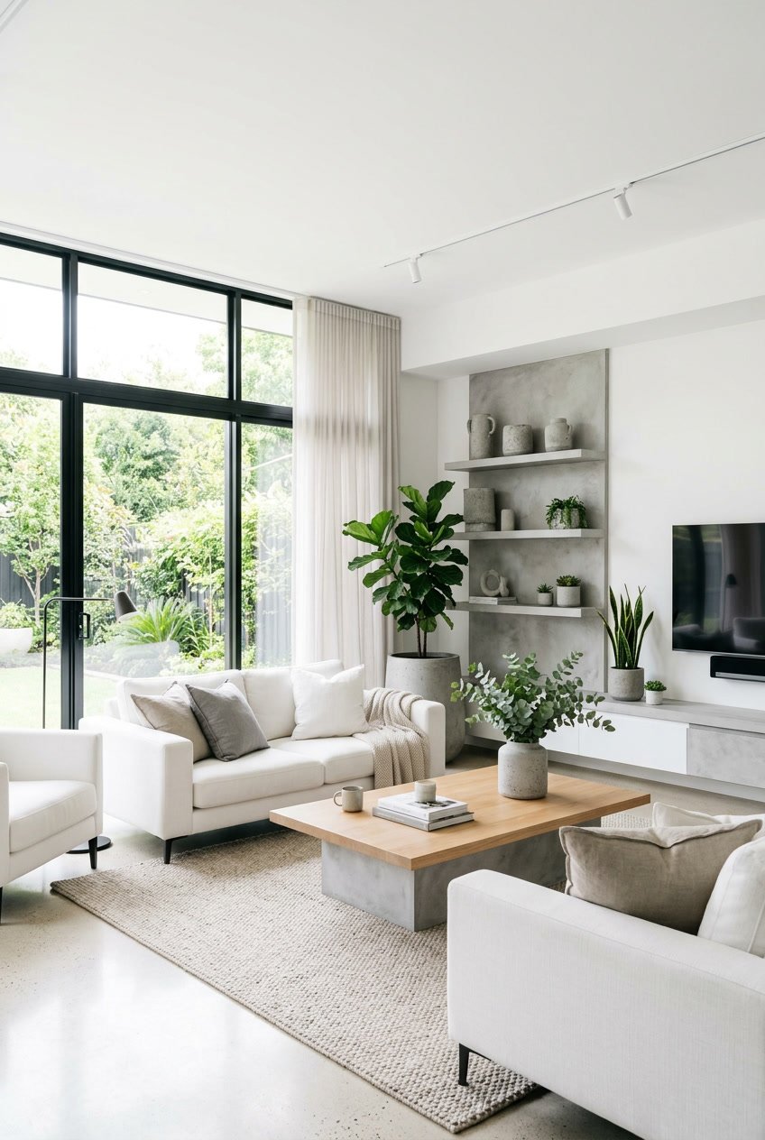 Helles Wohnzimmer mit weißen Möbeln und dekorativen Elementen in Betonoptik, natürlichem Licht und Pflanzen.