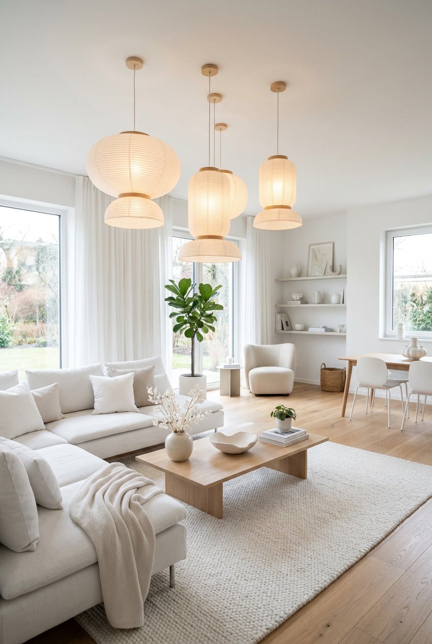 Ein Wohnzimmer mit weißen Möbeln und sanft leuchtenden Hängeleuchten, die eine warme Atmosphäre schaffen.