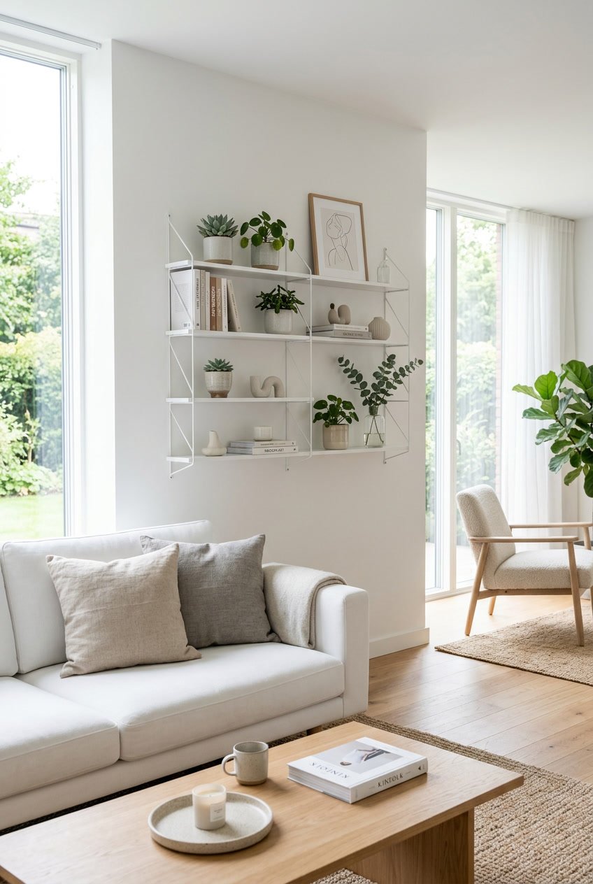 Helles Wohnzimmer mit weißen filigranen Regalen an der Wand, einem weißen Sofa und einem hellen Holztisch.