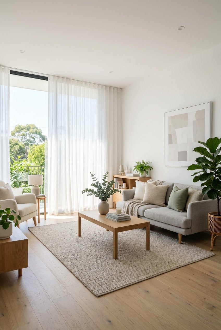 Helles Wohnzimmer mit weißen Vorhängen, Sofa, Holztisch und Pflanzen.