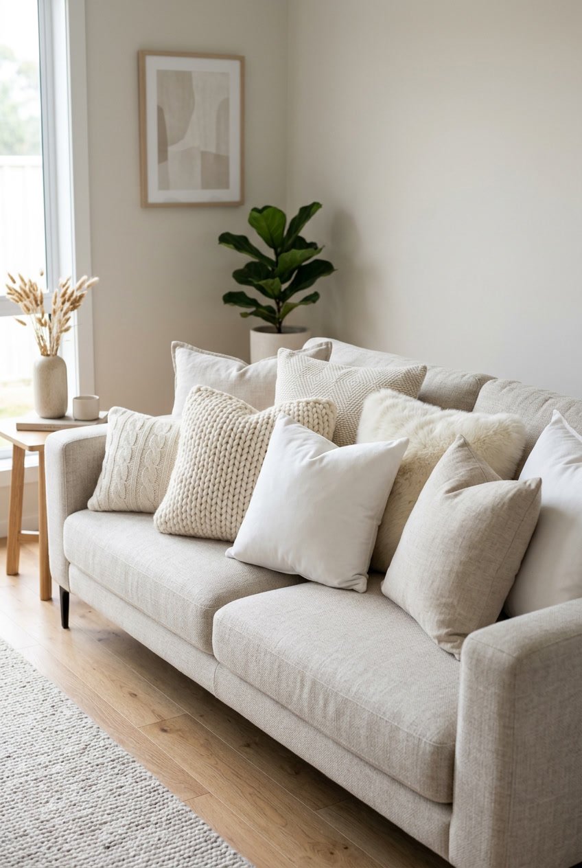 Wohnzimmer mit einem Sofa, darauf Kissen in verschiedenen Weißtönen und Texturen, umgeben von neutraler Einrichtung.