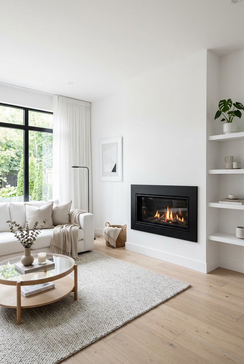 Ein Wohnzimmer mit weißer Einrichtung und einem schwarzen Kaminofen als Blickfang an der Wand.