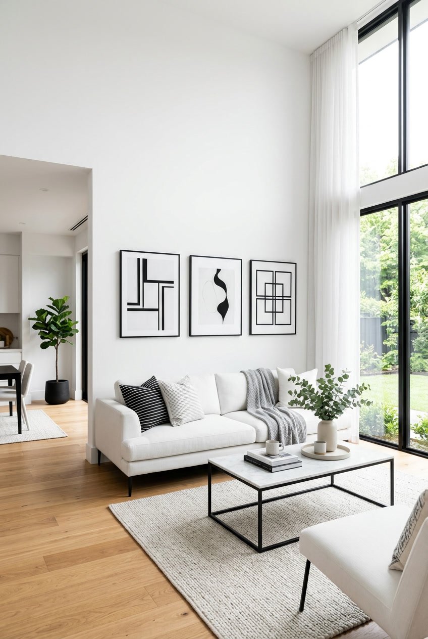 Ein modernes Wohnzimmer mit weißer Einrichtung und schwarz-weißen Kunstwerken an den Wänden, beleuchtet durch natürliches Licht.