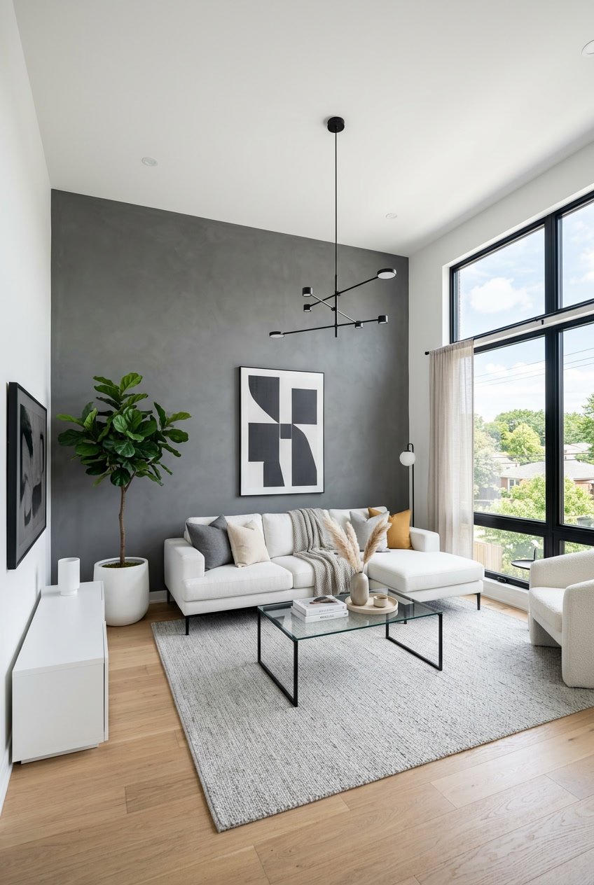 Ein Wohnzimmer mit einer grauen Akzentwand, weißer Einrichtung und viel natürlichem Licht.