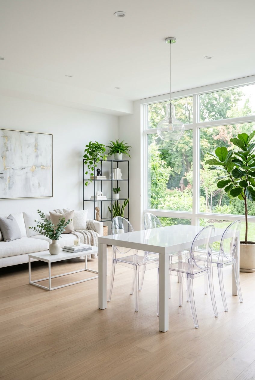 Ein Wohnzimmer mit transparenten Plexiglasstühlen und weißer Einrichtung, das hell und einladend wirkt.