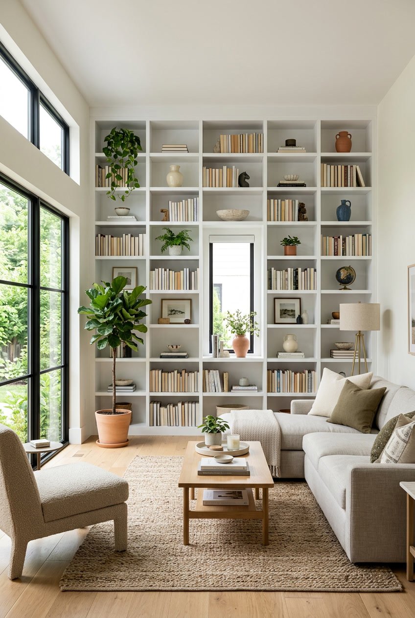 Ein Wohnzimmer mit weißen Bücherregalen, die sorgfältig mit Pflanzen, Vasen und Büchern dekoriert sind.