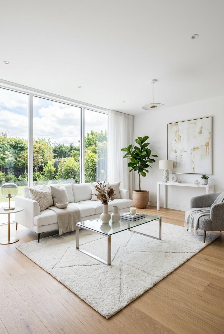 Ein helles Wohnzimmer mit weißen Möbeln, großen Fenstern, einem Sofa, einem Couchtisch und Pflanzen.