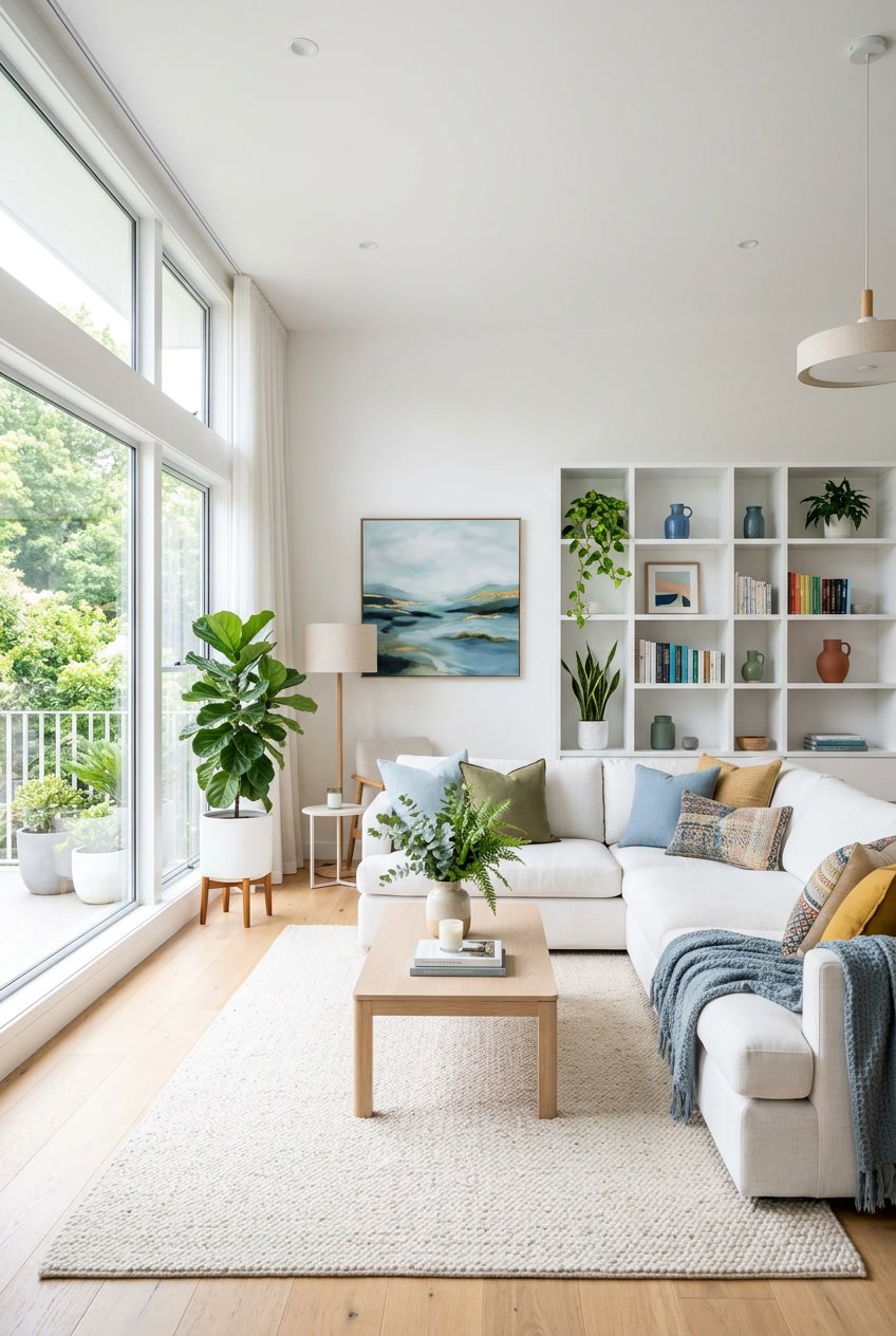 Ein heller weißer Wohnraum mit Sofa, Couchtisch, Pflanzen und farbigen Dekorationen.