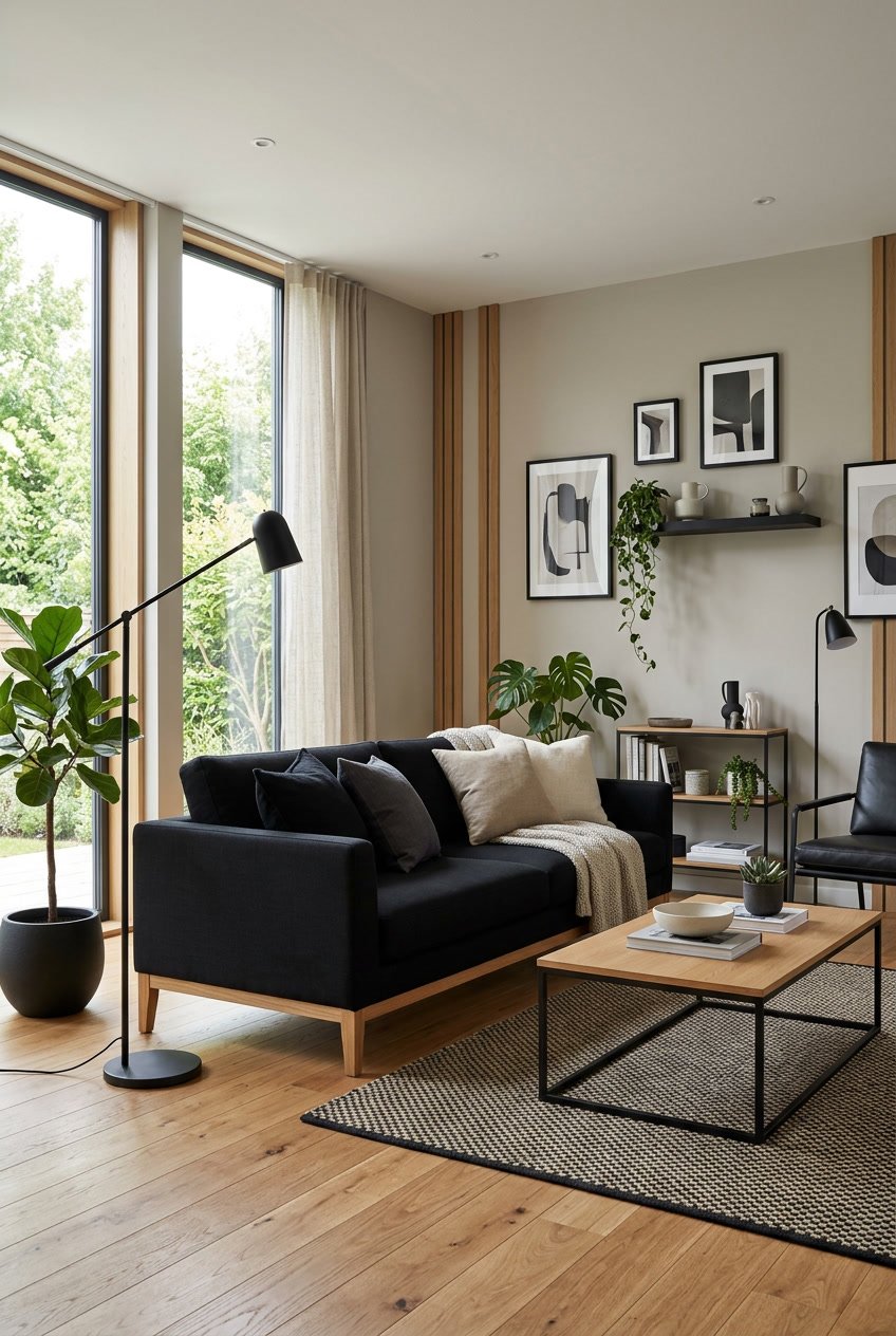 Ein Wohnzimmer mit schwarzem Sofa, Holzmöbeln, großen Fenstern und Zimmerpflanzen.