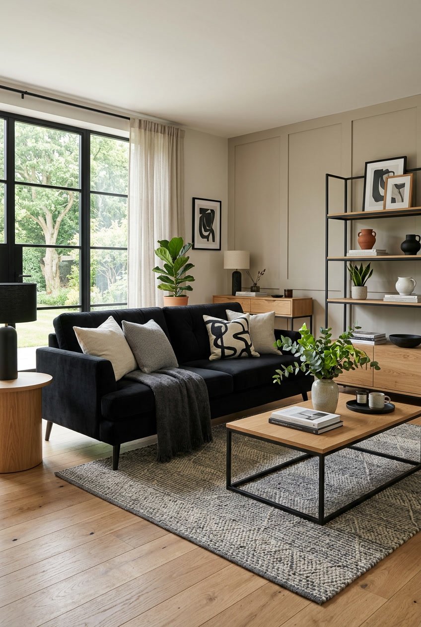 Wohnzimmer mit schwarzer Samt-Couch, Holzboden und Holzmöbeln, beleuchtet von natürlichem Licht.