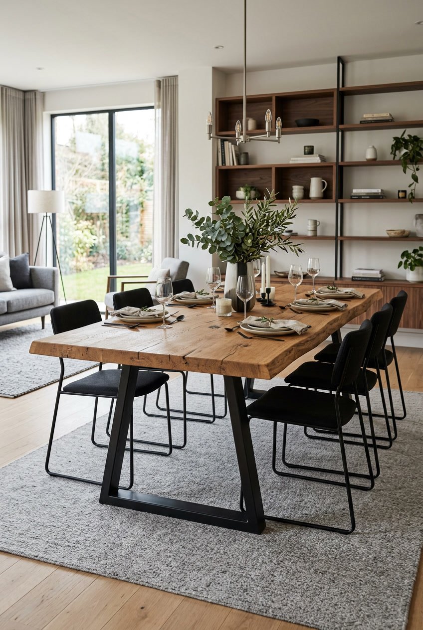 Großer Eichenholztisch mit schwarzer Metallbasis in einem Wohnzimmer mit modernen Möbeln und Pflanzen.