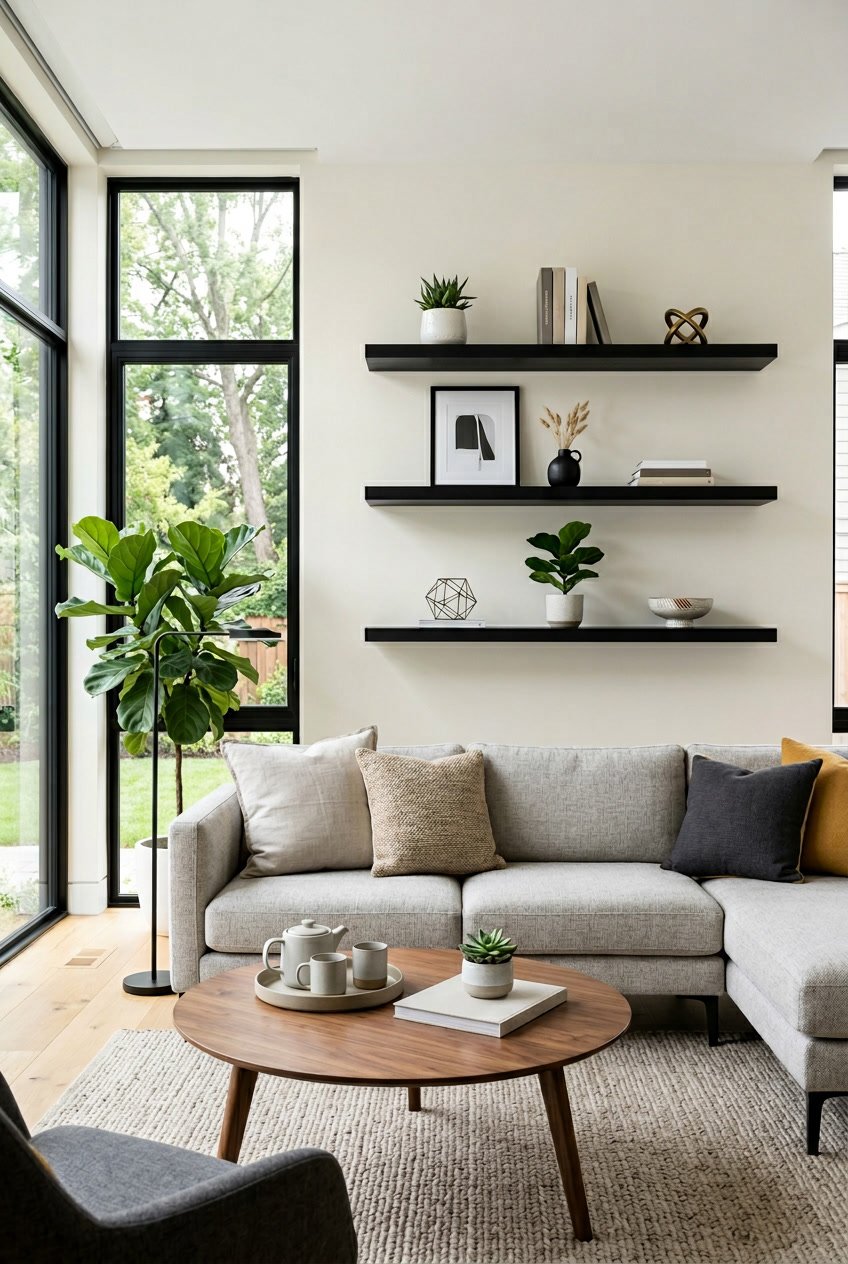 Ein Wohnzimmer mit schwebenden schwarzen Holzregalen an der Wand, dekoriert mit Pflanzen und Büchern, mit einem Sofa und einem Couchtisch im Raum.