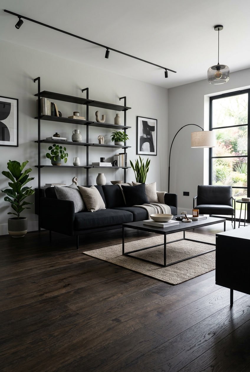Wohnzimmer mit dunklen Holzdielen und schwarzer Einrichtung.