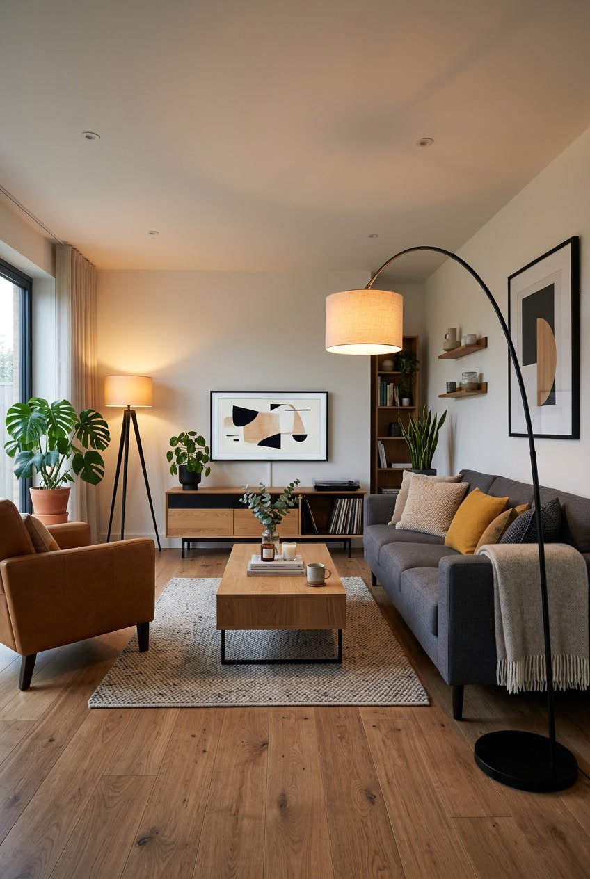 Wohnzimmer mit schwarzen Stehlampen, warmem Licht, Sofa und Holzmöbeln.