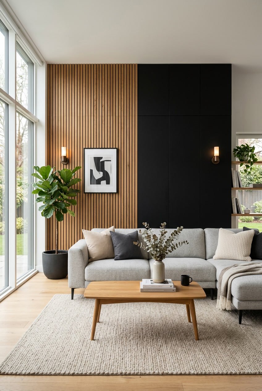Wohnzimmer mit einer Wand, die schwarze und natürliche Holzpaneele kombiniert, ausgestattet mit Sofa, Couchtisch und Pflanzen.