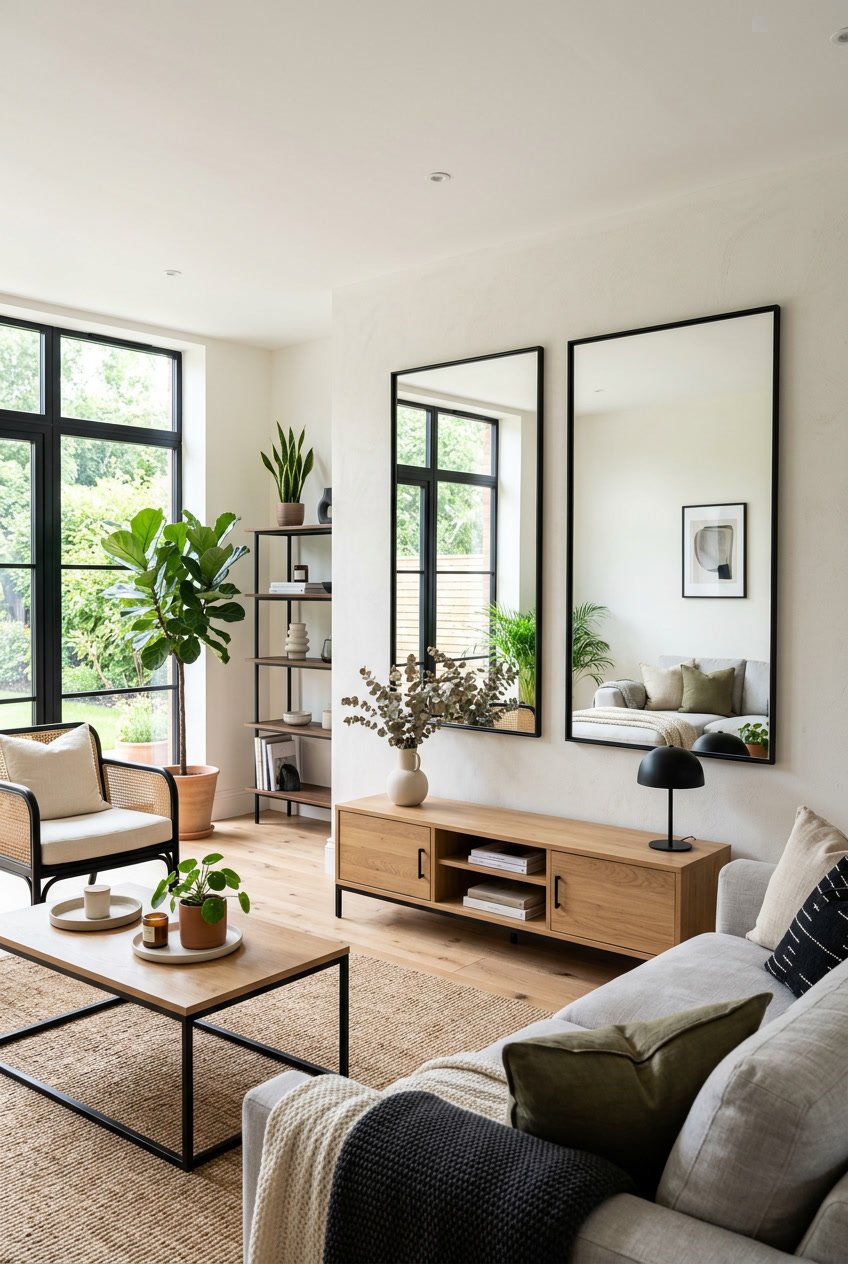 Ein Wohnzimmer mit großen Spiegeln in schwarzen Rahmen und Möbeln aus Holz.