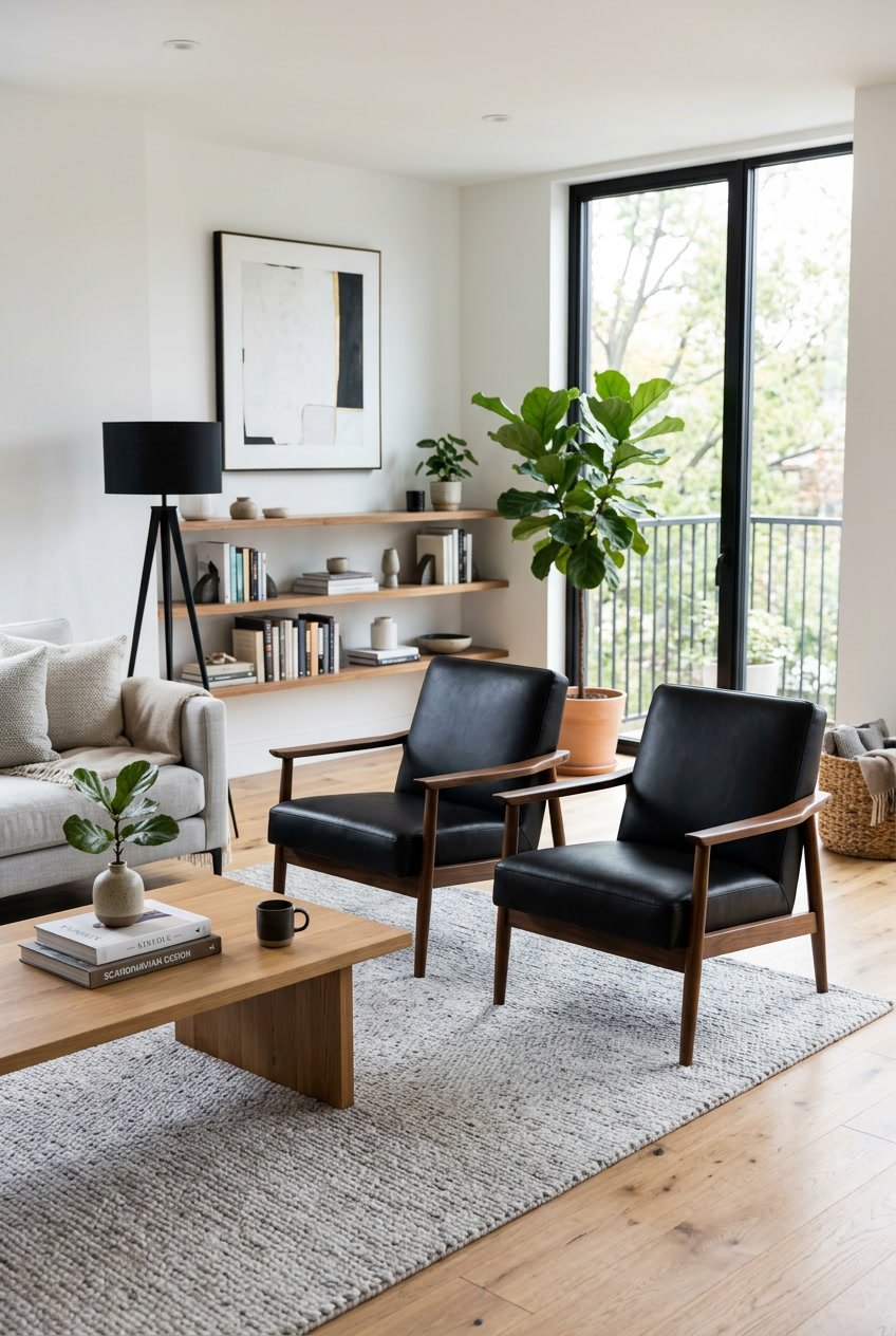 Ein Wohnzimmer mit schwarzen Ledersesseln und Holzarmlehnen, einem Holztisch und Pflanzen, gut beleuchtet durch Tageslicht.