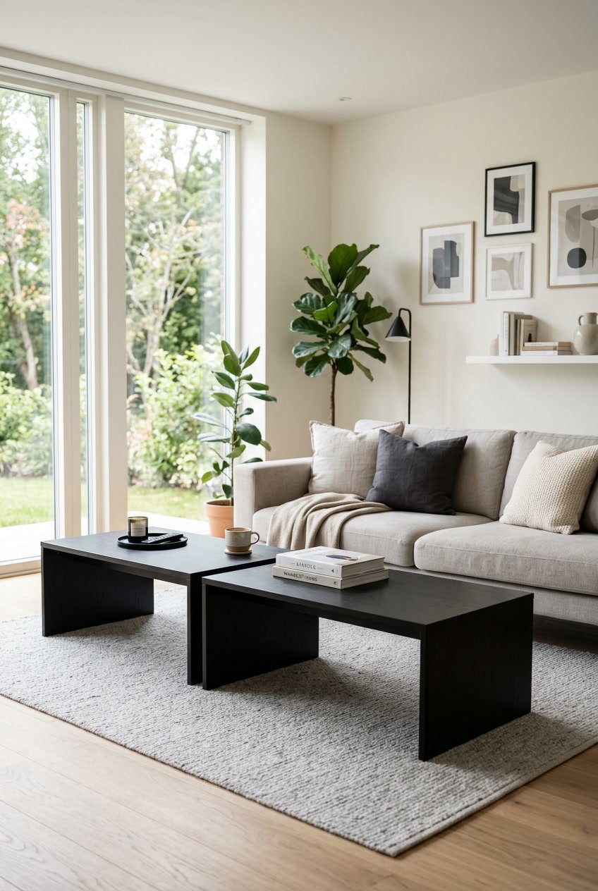 Wohnzimmer mit schwarzen Holzcouchtischen vor einem Sofa, heller Raum mit Pflanzen und moderner Einrichtung.