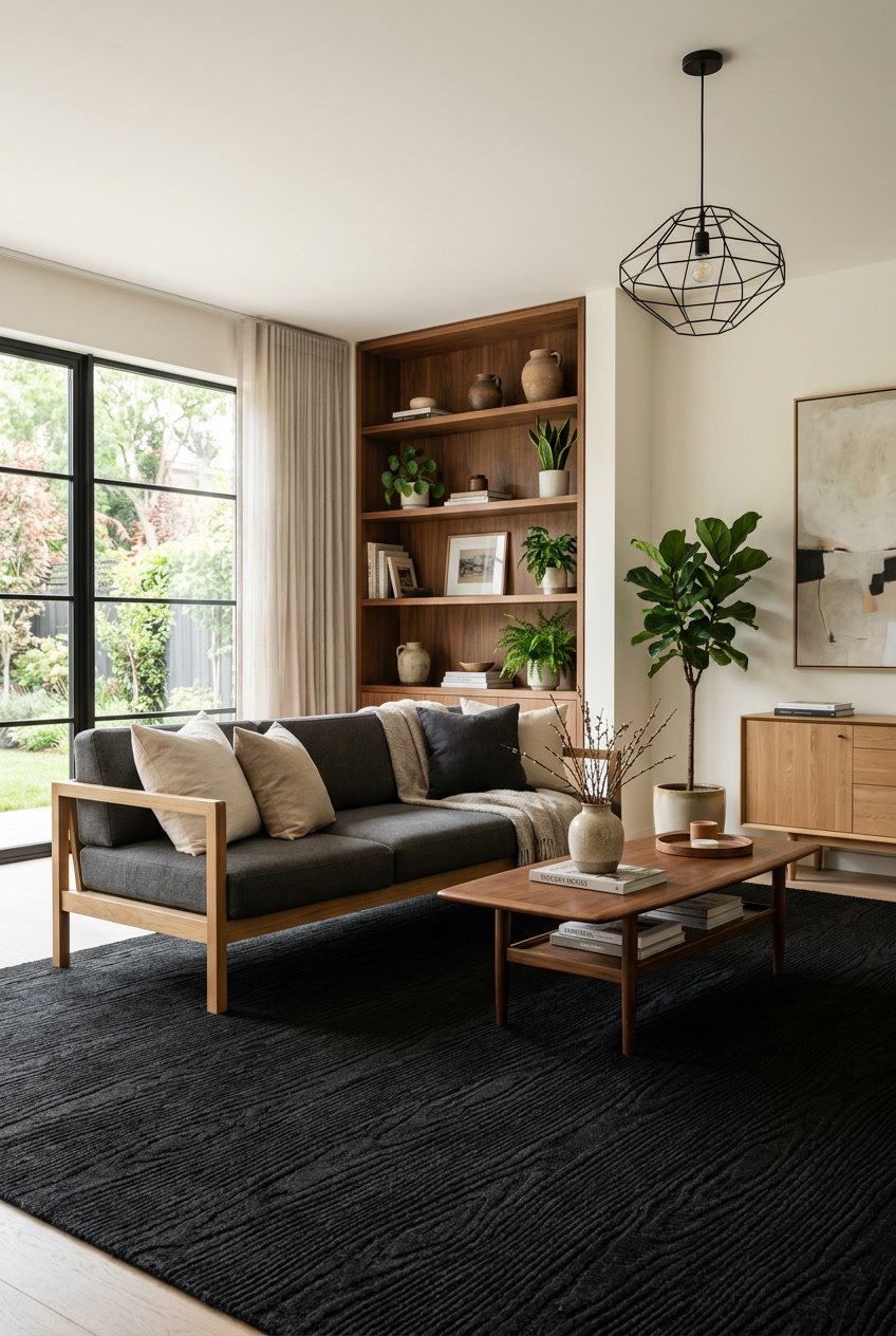 Ein Wohnzimmer mit schwarzen Teppichen und Holzmöbeln, natürlich beleuchtet und geschmackvoll eingerichtet.