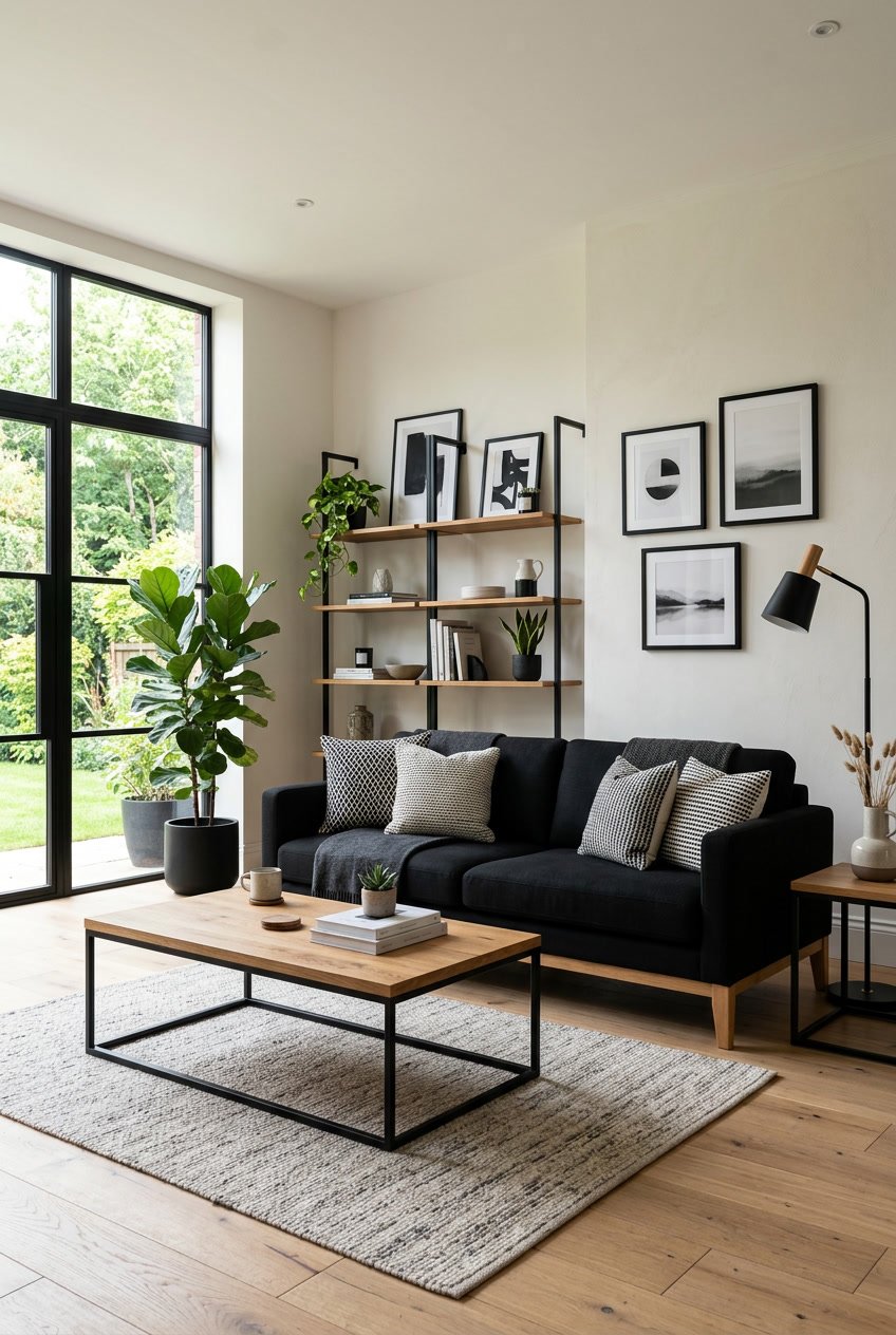 Wohnzimmer mit schwarzem Sofa, Holztisch und Regalen, beleuchtet durch Tageslicht.