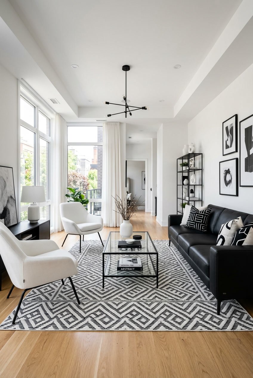 Ein modernes Wohnzimmer mit schwarzen und weißen Möbeln, großen Fenstern und einem hellen Holzboden.