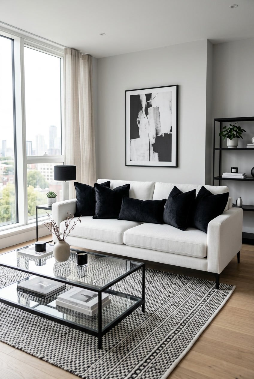 Ein Wohnzimmer mit einem weißen Sofa und schwarzen Samtkissen, umgeben von moderner Einrichtung in Schwarz-Weiß.