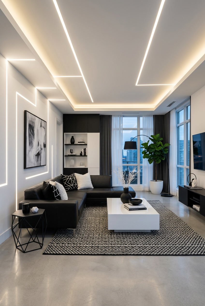 Ein modernes Wohnzimmer mit weißen LED-Lichtleisten und schwarzen sowie weißen Möbeln in einem aufgeräumten Raum.