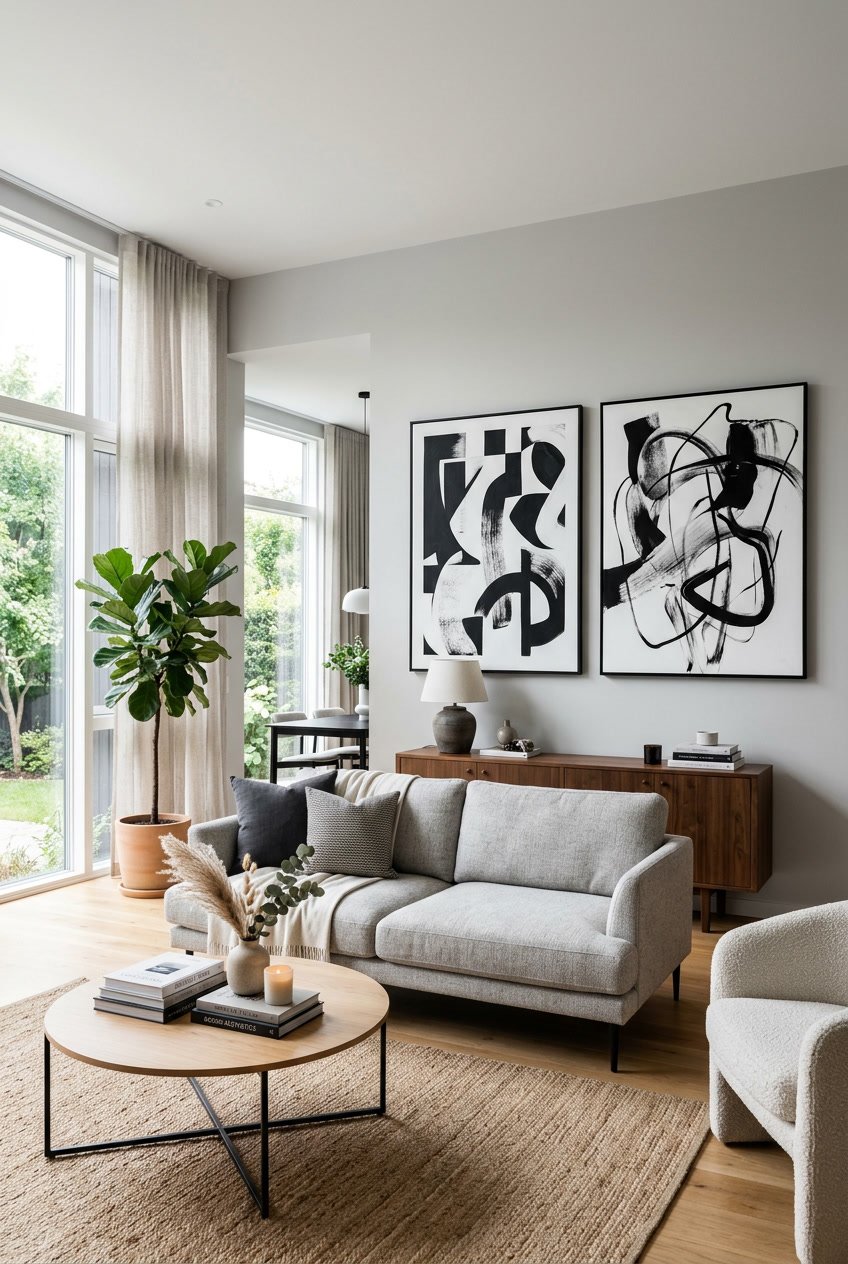 Ein modernes Wohnzimmer mit schwarzen und weißen abstrakten Gemälden an den Wänden, bequemen Möbeln und natürlichem Licht.