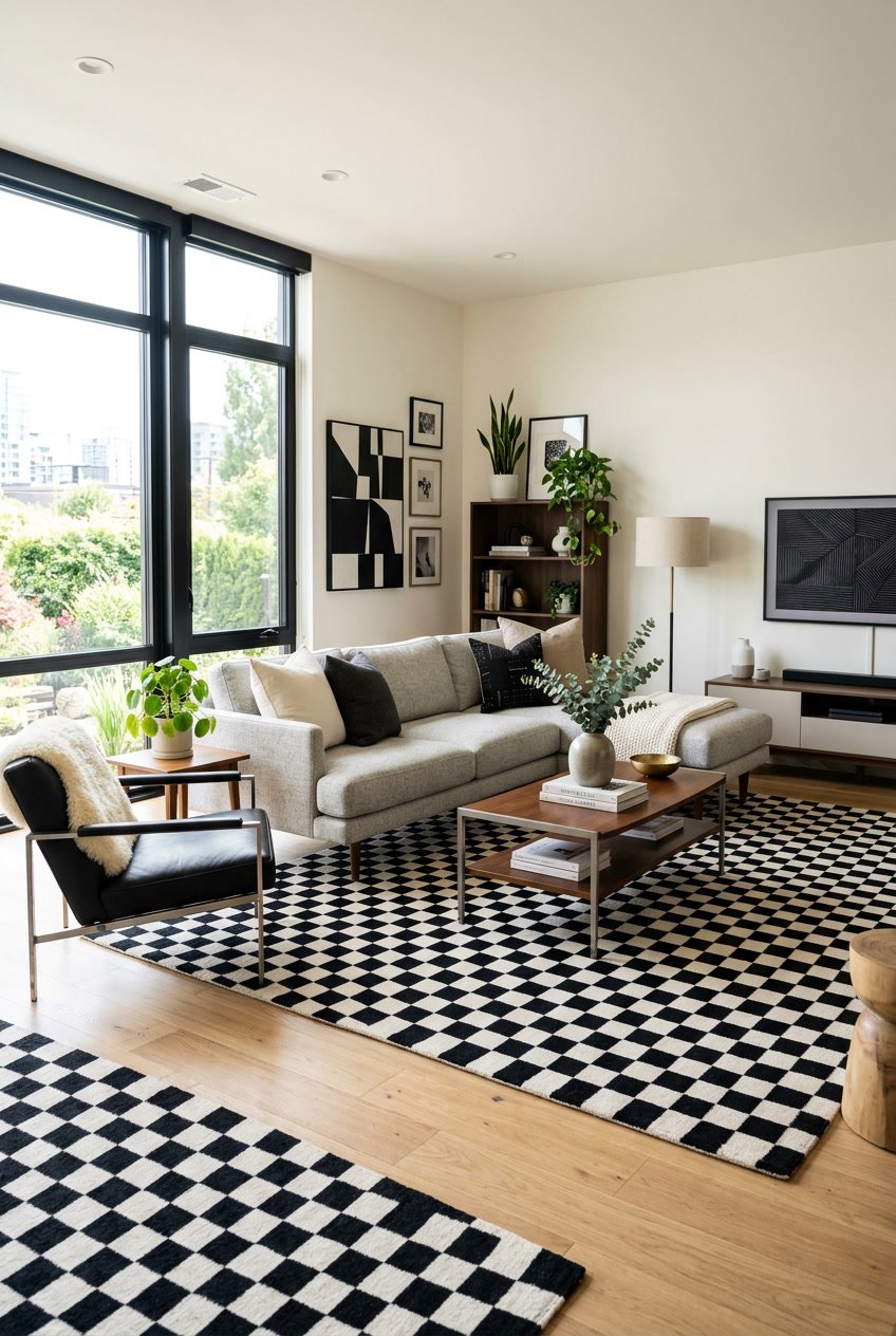 Wohnzimmer mit Teppichen im Schachbrettmuster auf dem Boden und moderner Einrichtung.