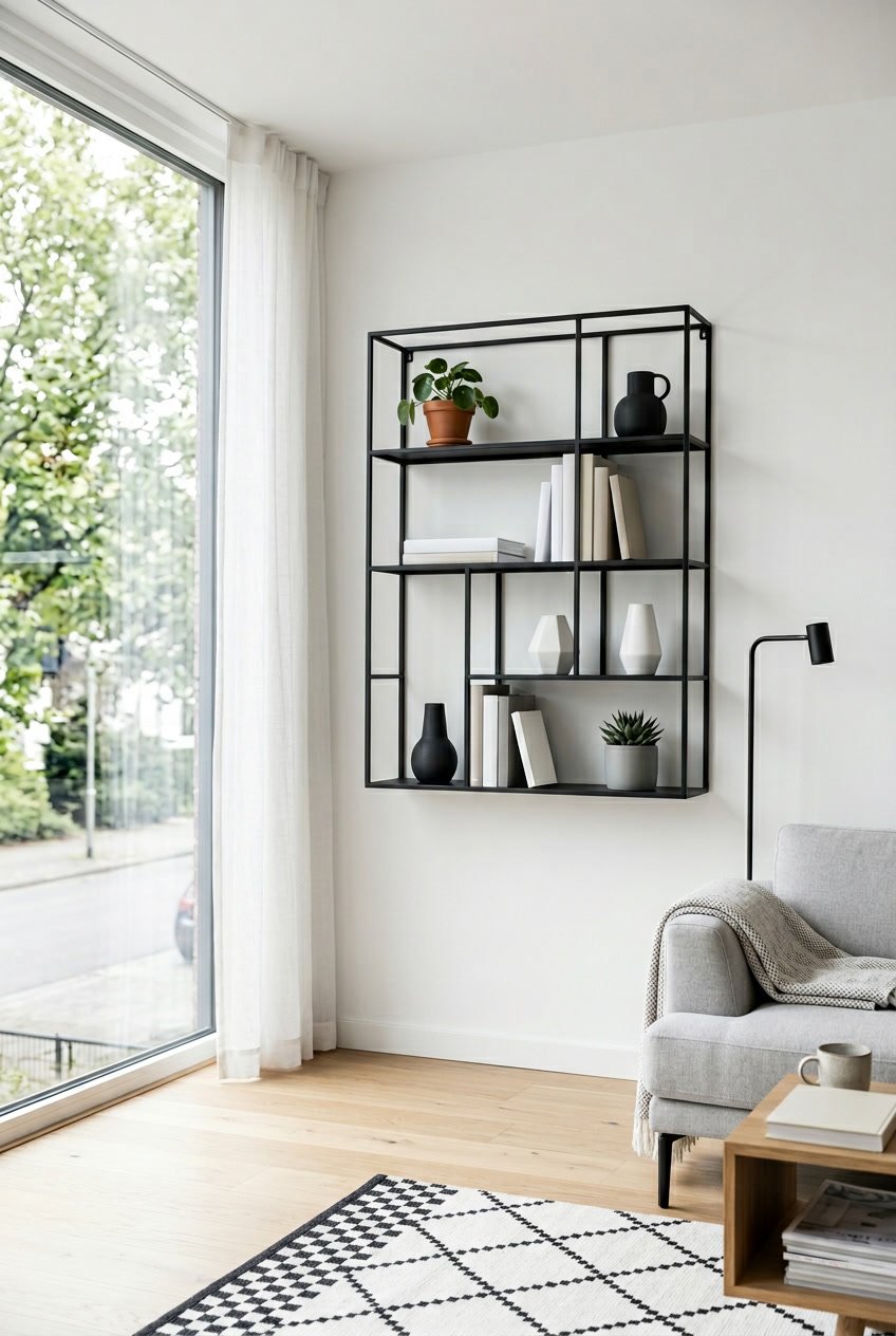 Ein Wohnzimmer mit schwarzen Metallregalen an einer weißen Wand, dekoriert mit Pflanzen und Büchern.