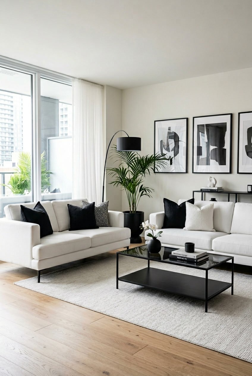 Wohnzimmer mit weißen Sofas, schwarzem Couchtisch und moderner Einrichtung in Schwarz-Weiß.