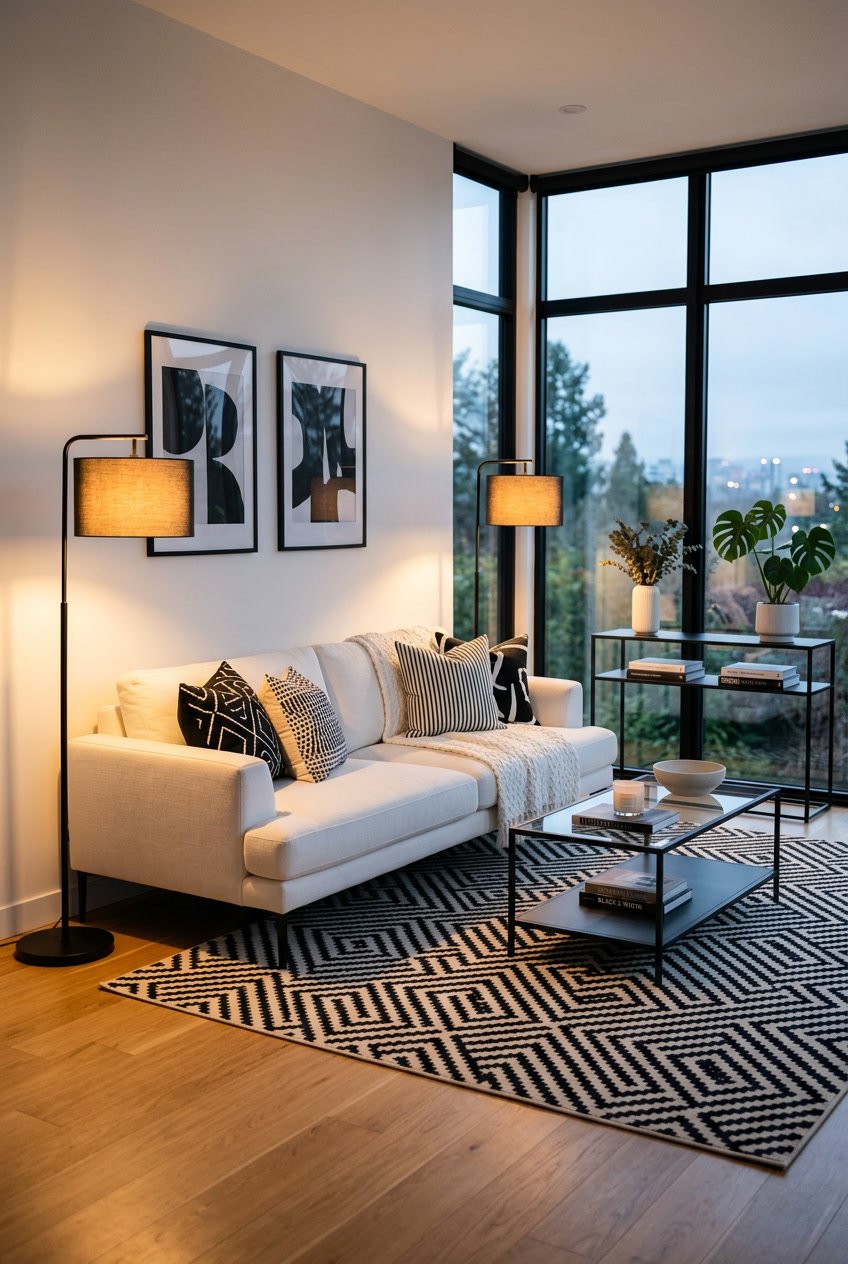 Ein Wohnzimmer mit schwarzen Metall-Stehlampen, die warmes Licht ausstrahlen, und Möbeln in Schwarz und Weiß.