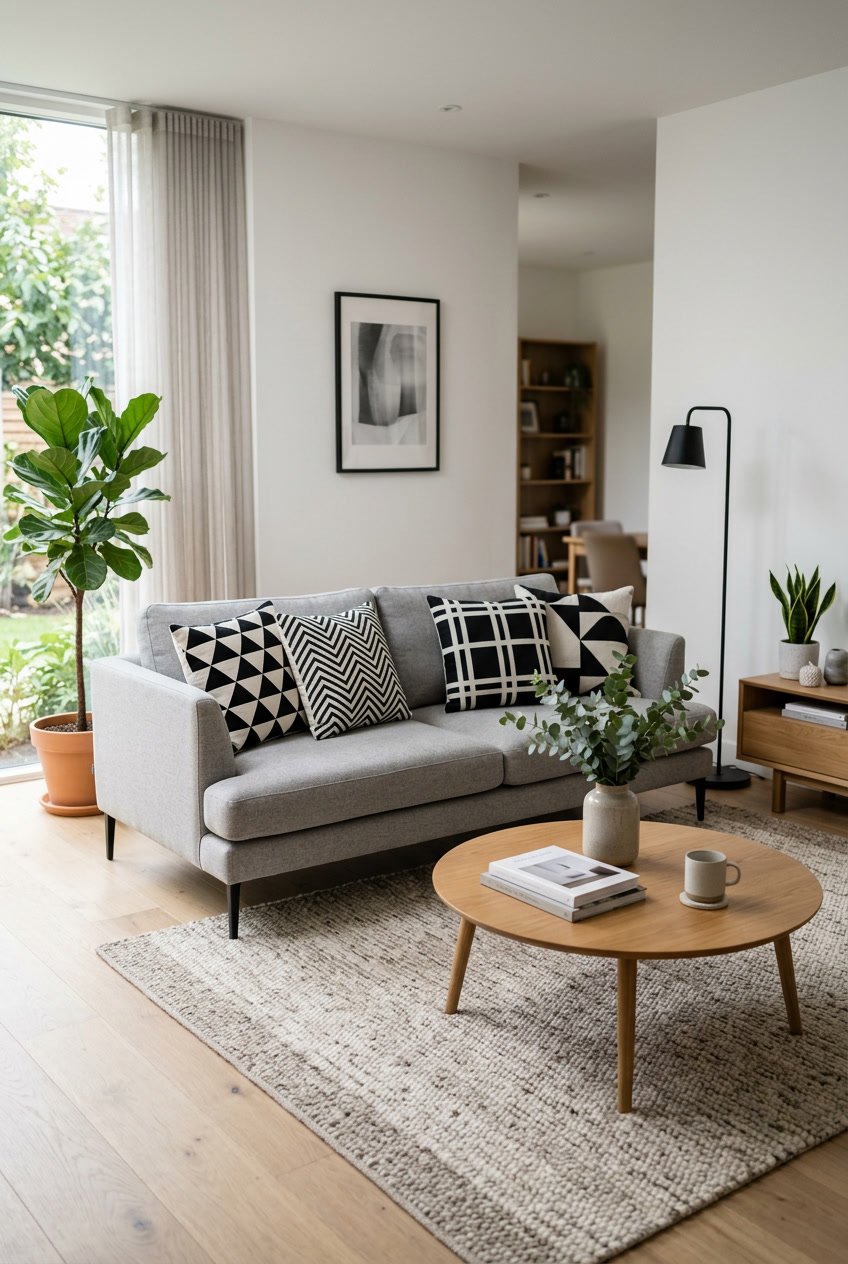 Wohnzimmer mit Sofa und Kissenbezügen in schwarz-weißen geometrischen Mustern.