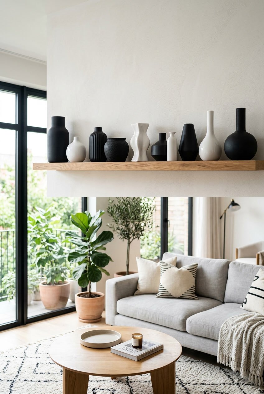 Wohnzimmer mit einer Sammlung schwarz-weißer Keramikvasen auf einem Holzregal, umgeben von Möbeln und Pflanzen.