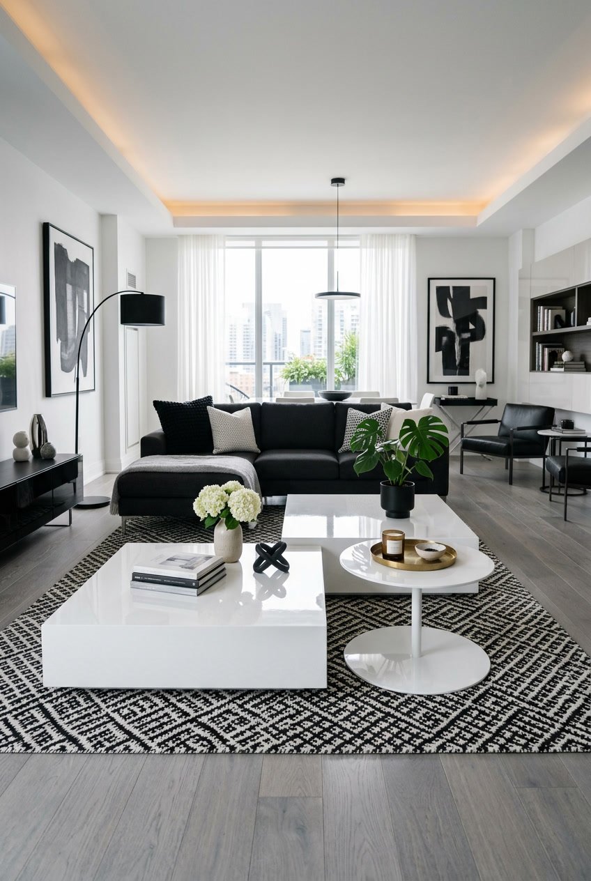 Ein Wohnzimmer mit weißen Couchtischen mit glänzender Oberfläche und schwarzem und weißem Mobiliar.