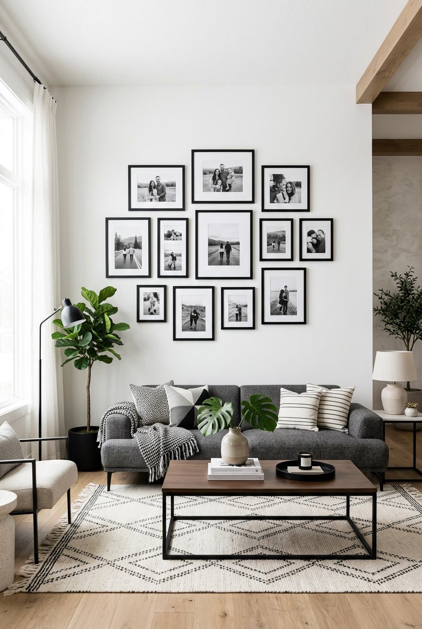 Wohnzimmer mit schwarzen Bilderrahmen an einer weißen Wand und moderner Einrichtung.