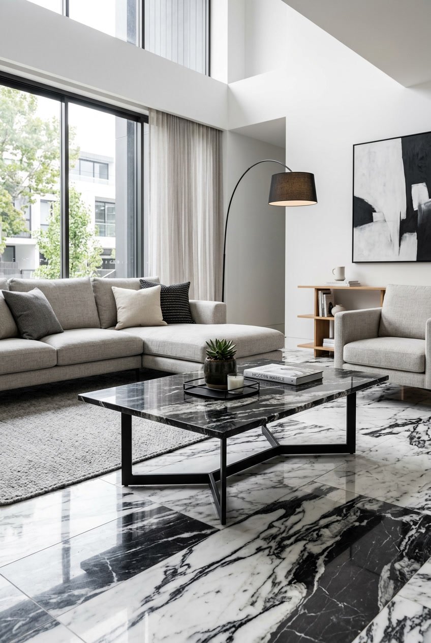Wohnzimmer mit schwarz-weißem Marmorboden und einem Tisch mit schwarzem und weißem Marmor als Tischplatte.