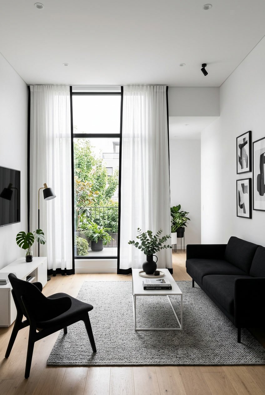 Wohnzimmer mit weißen Gardinen, die einen schwarzen Saum haben, und moderner Einrichtung in Schwarz und Weiß.