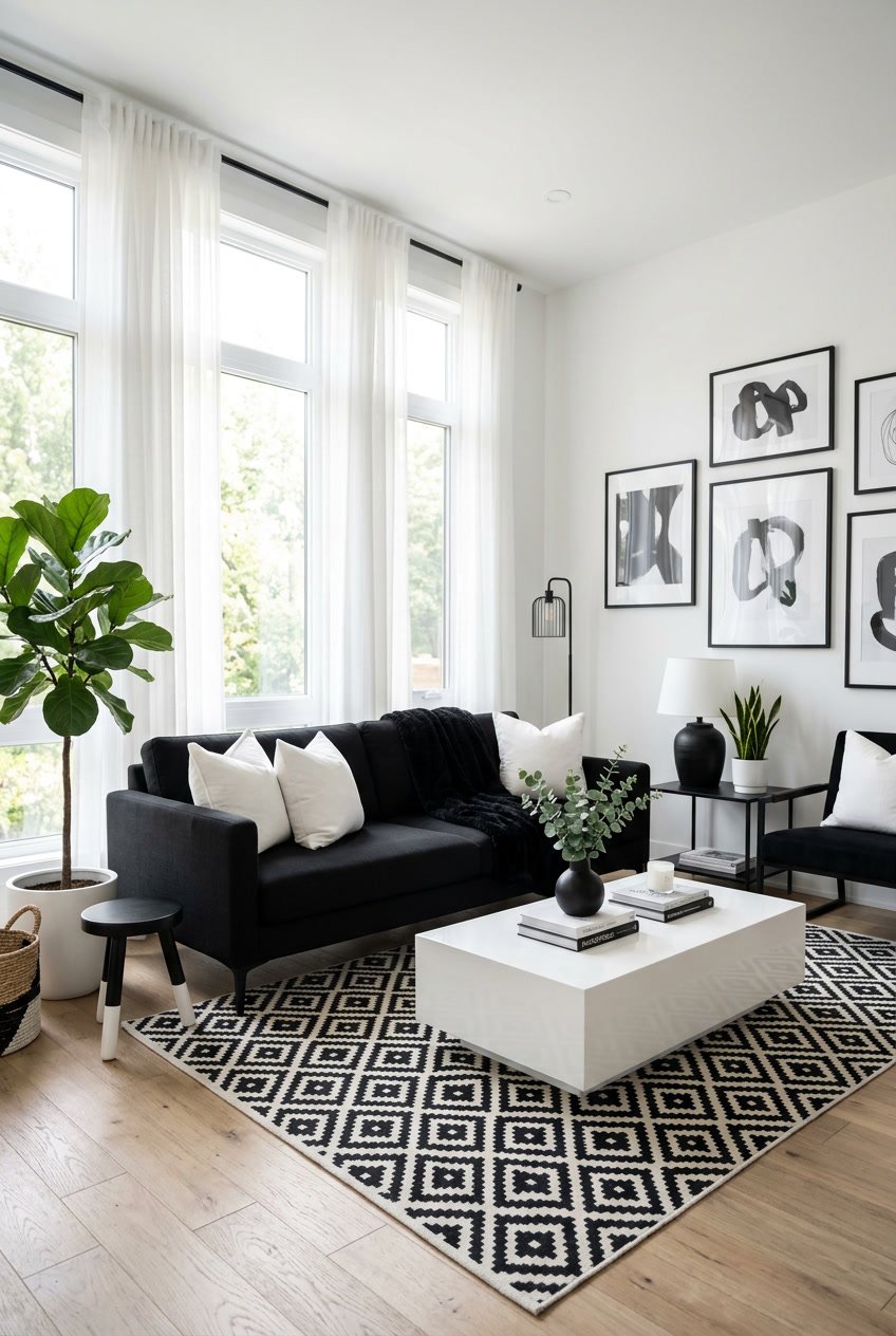 Ein Wohnzimmer mit schwarzem Sofa, weißem Couchtisch, schwarz-weißen Bildern an der Wand und großen Fenstern mit weißen Vorhängen.