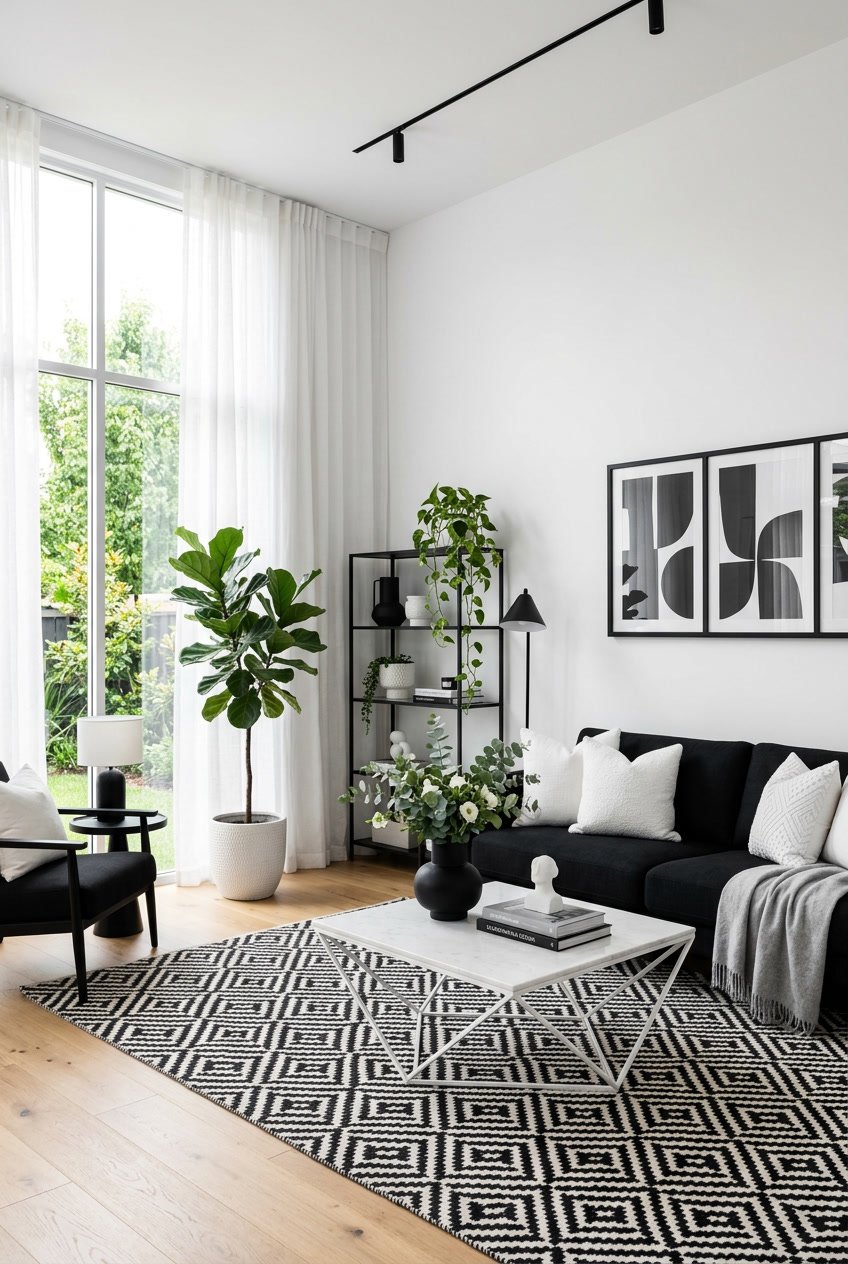 Ein Wohnzimmer mit einem schwarzen Sofa, weißem Couchtisch, großen Fenstern und schwarz-weißen Dekorationen.