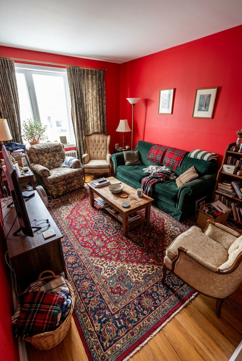 Ein Wohnzimmer mit unpassender Möblierung, unordentlicher Anordnung und unangenehmer Beleuchtung.