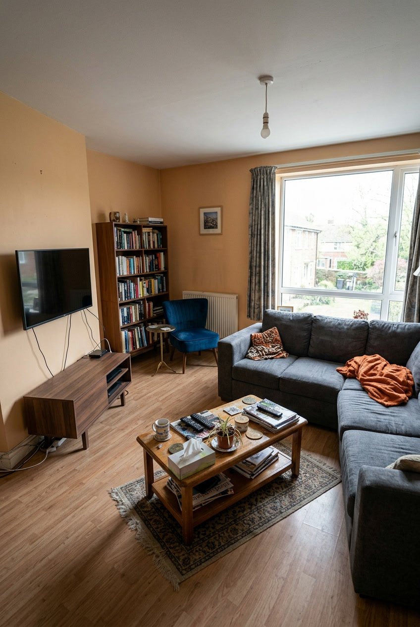 Wohnzimmer mit unpassender Möblierung, schlechter Beleuchtung und unordentlicher Anordnung.