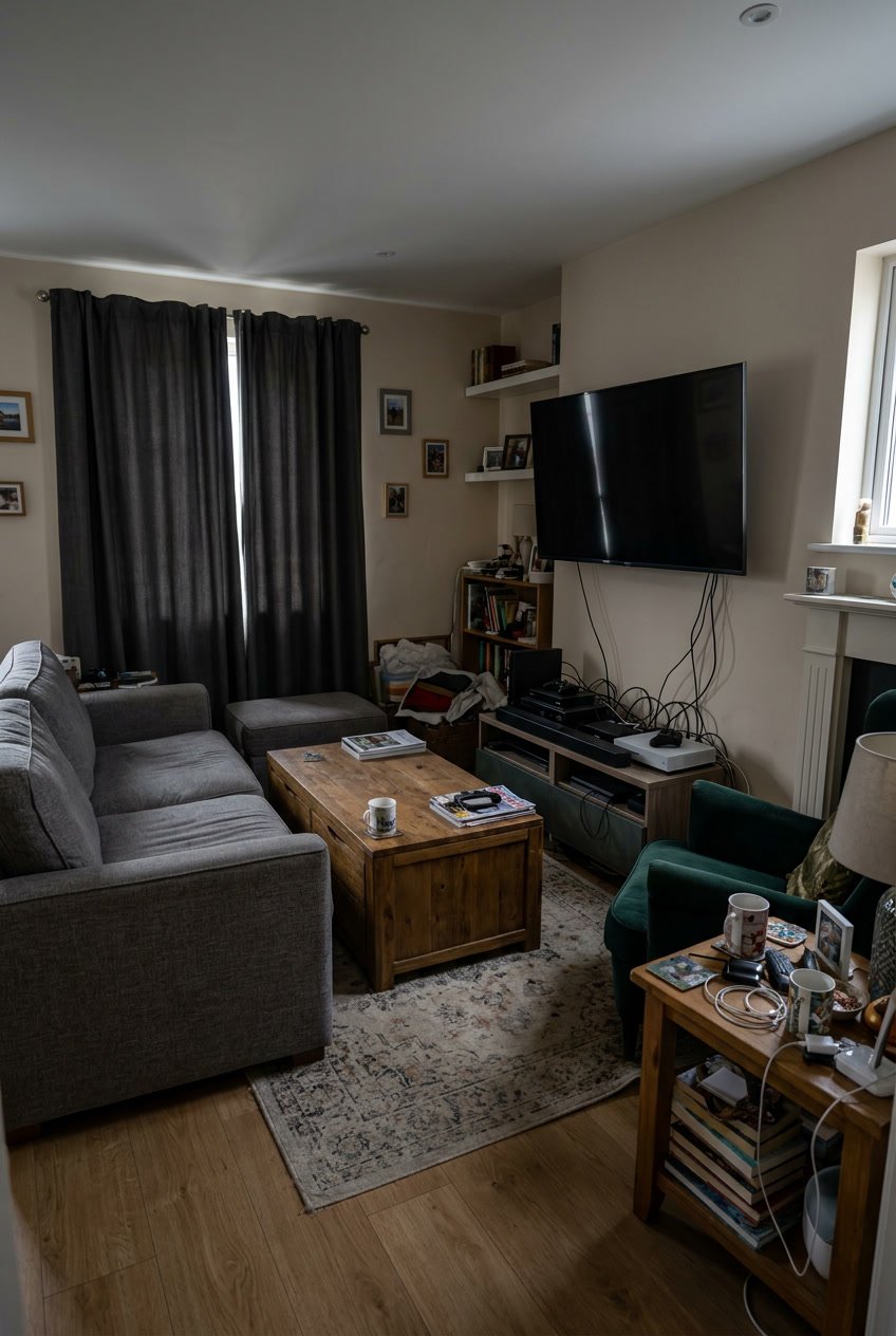 Ein Wohnzimmer mit Sofa, Kaffeetisch und Fernseher, das typische Einrichtungsfehler wie beengte Platzverhältnisse und ungleichmäßige Beleuchtung zeigt.