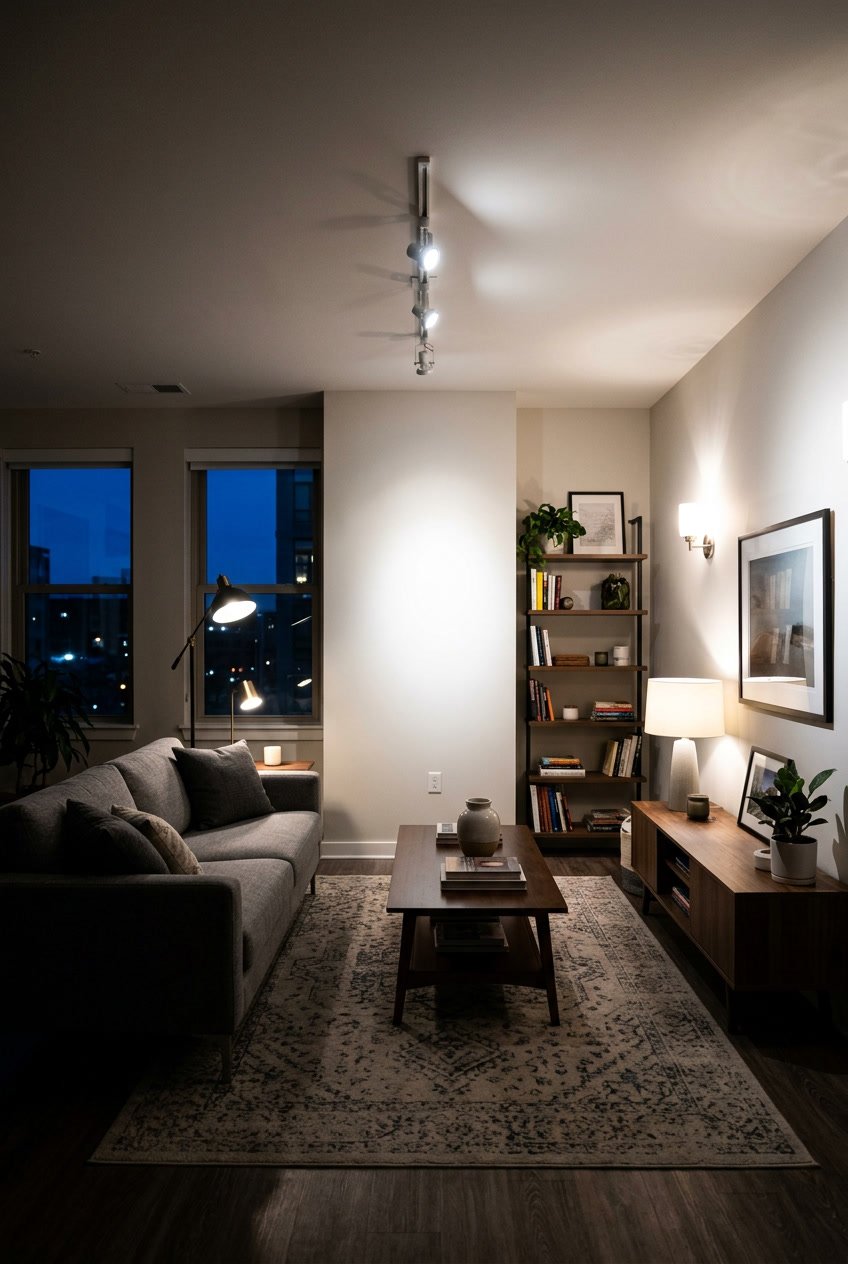 Ein Wohnzimmer mit ungleichmäßiger Beleuchtung, die Schatten und helle Stellen zeigt.