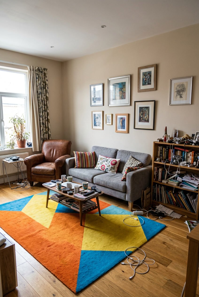 Wohnzimmer mit unpassender Einrichtung und Dekorationsfehlern wie ungleichmäßiger Wandgestaltung und unpassendem Teppich.