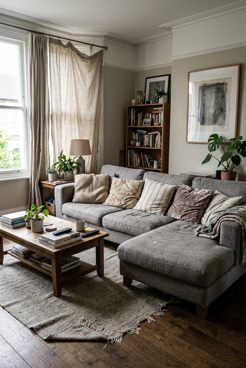 Wohnzimmer mit Sofa, Vorhängen und Teppich, die textile Probleme und Einrichtungsfehler zeigen.