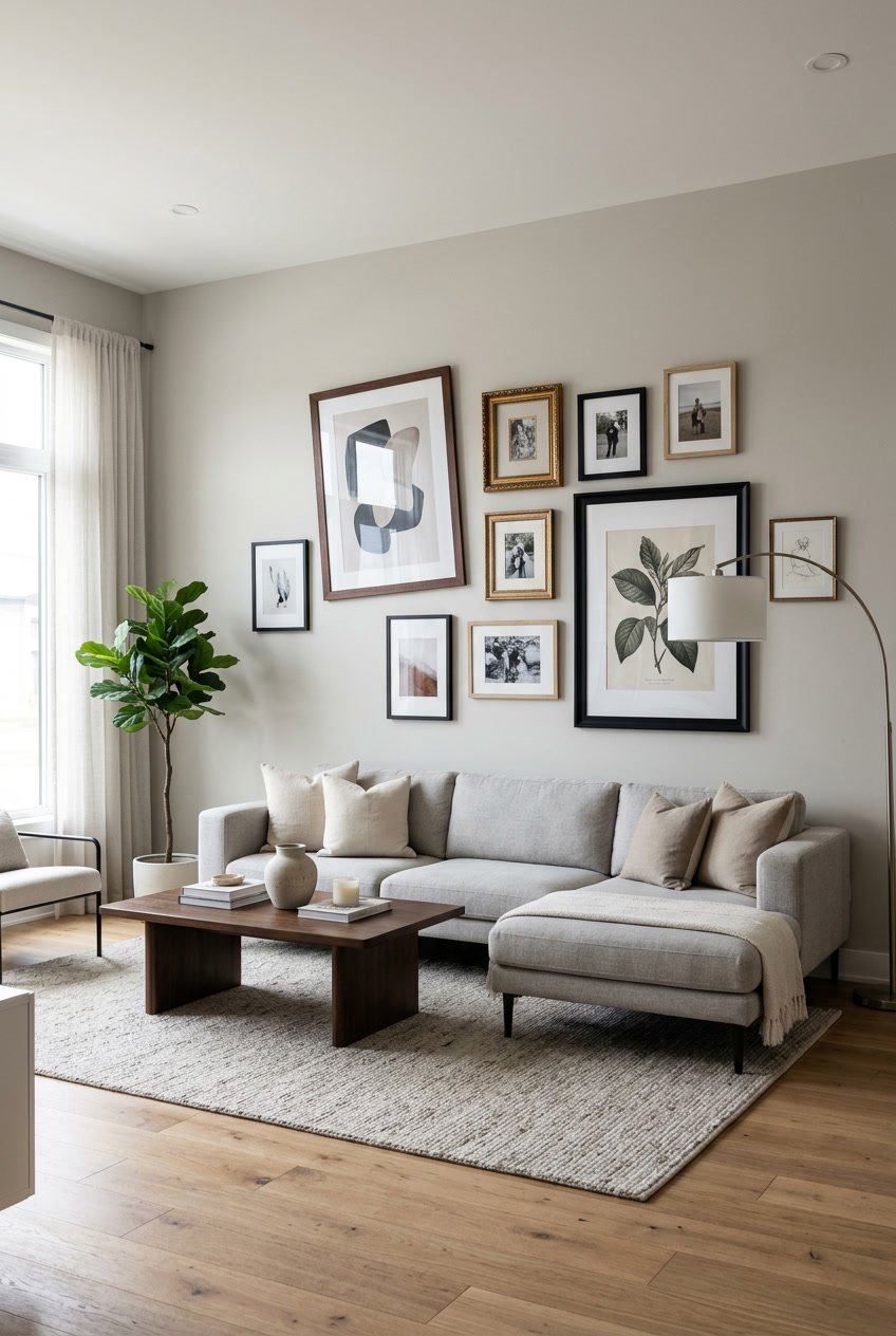 Wohnzimmer mit Sofa und Kaffeetisch, an den Wänden sind schief hängende und unpassende Bilderrahmen zu sehen.